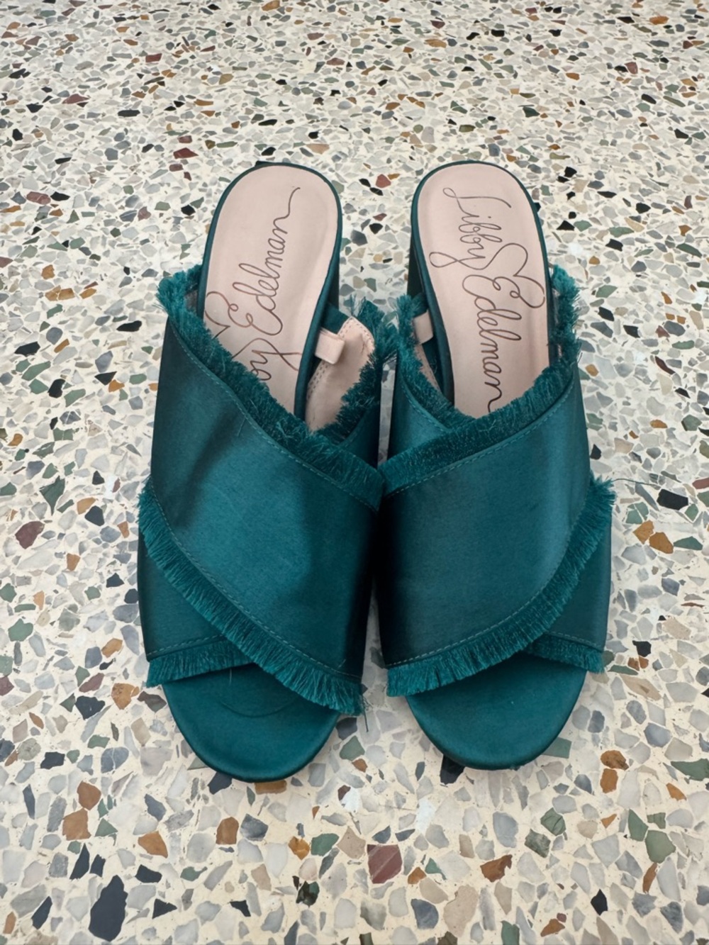 Lilly Edelman Teal Fringe Satin Sandals